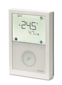 Bild von Siemens Raumthermostat mit KNX-Kommunikation. Modulierte Ausgänge (PWM / 3-Pkt) oder on/off. Ventilatorkonve, Art.Nr.: RDG200KN