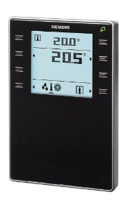 Bild von Siemens Raumbediengerät mit KNX, Fühler für Temperatur, Feuchtigkeit, CO2, segmentiertem Display mit Hinterg, Art.Nr.: QMX3.P74-1BSC