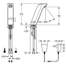 Bild von KWC PRTRS0009 Elektronik-Waschtischmischer mit Rückflussverhinderer:ja, Berechnungsdurchfluss Trinkwasser:0.07 l/s, Berechnungsdurchfluss Warmwasser:0.07 l/s, Art.Nr. : 2030025078