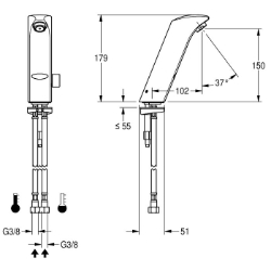 Bild von KWC AQUA130 Elektronik-Waschtischmischer* mit Rückflussverhinderer:ja, Berechnungsdurchfluss Trinkwasser:0.07 l/s, Berechnungsdurchfluss Warmwasser:0.07 l/s, Art.Nr. : 2000067773