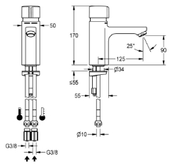 Bild von KWC F5S-Mix F5SM1007 Selbstschluss-Standbatterie mit Rückflussverhinderer:ja, Berechnungsdurchfluss Trinkwasser:0.07 l/s, Berechnungsdurchfluss Warmwasser:0.07 l/s, Art.Nr. : 2030039404