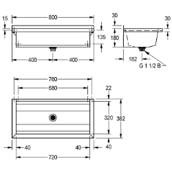 Bild von KWC PLANOX PL8 Waschrinne Spritzschutzhöhe:30 mm, Becken: Höhe:180 mm, Becken: Tiefe:320 mm, Art.Nr. : 2030043778